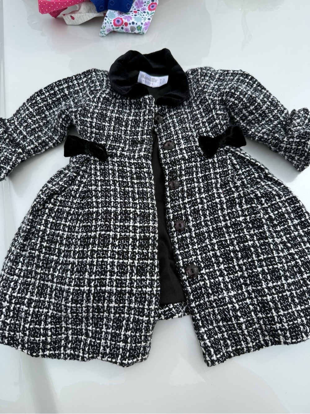 Nannette Black & White Tweed Girl's Pea Coat with Velvet Trim